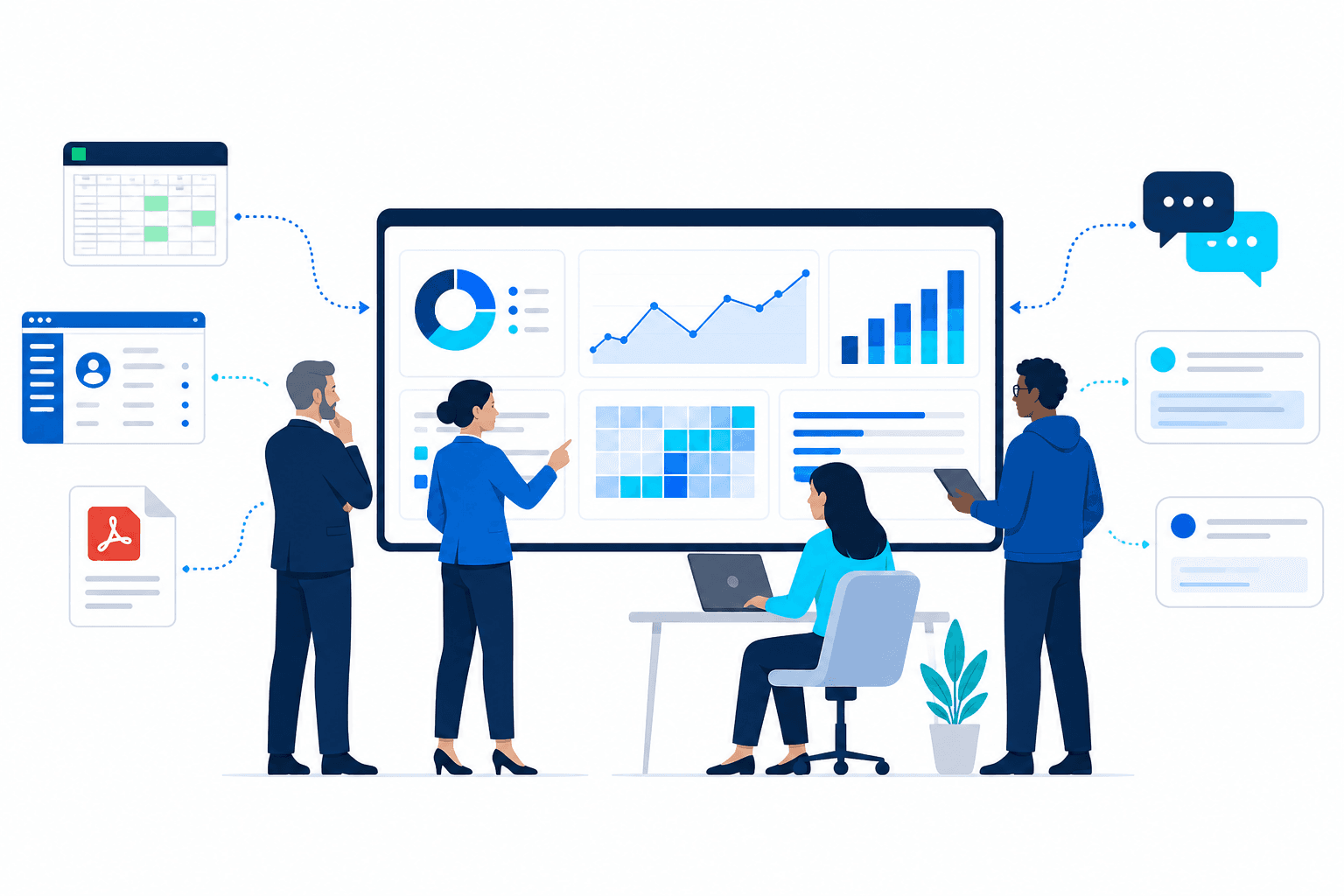 Illustration of a team bringing spreadsheets, documents, and customer conversations into one Intelligence Navigator dashboard