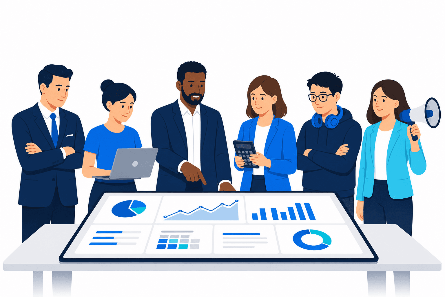Illustration of six roles across an organization — owners, founders, executives, operations, technical, and non-technical teams — sharing one dashboard