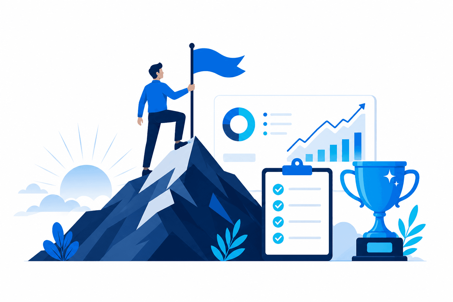 Illustration of a completed learning journey with a flag on a peak, a finished checklist, and a trophy