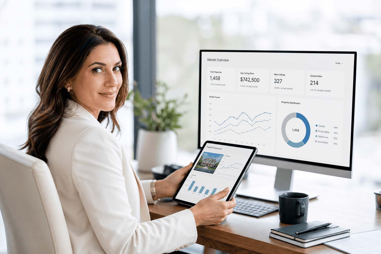 A real estate professional reviewing market analytics on a monitor and tablet