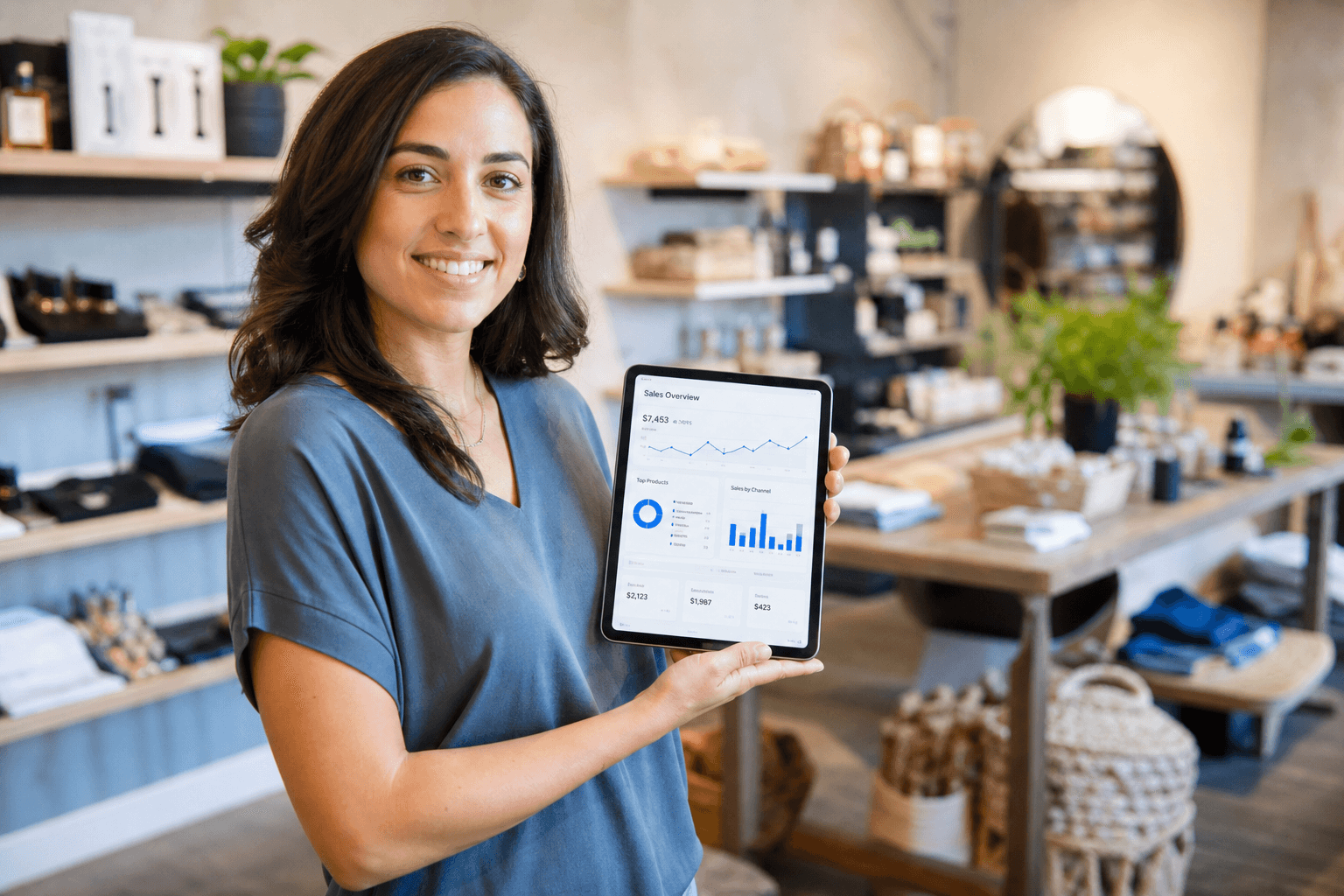 A small-business retail owner holding a tablet showing sales analytics