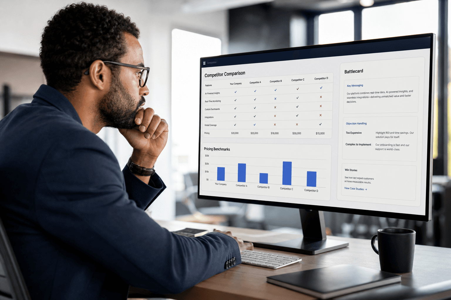 A strategist reviewing an Intelligence Navigator competitor analysis dashboard