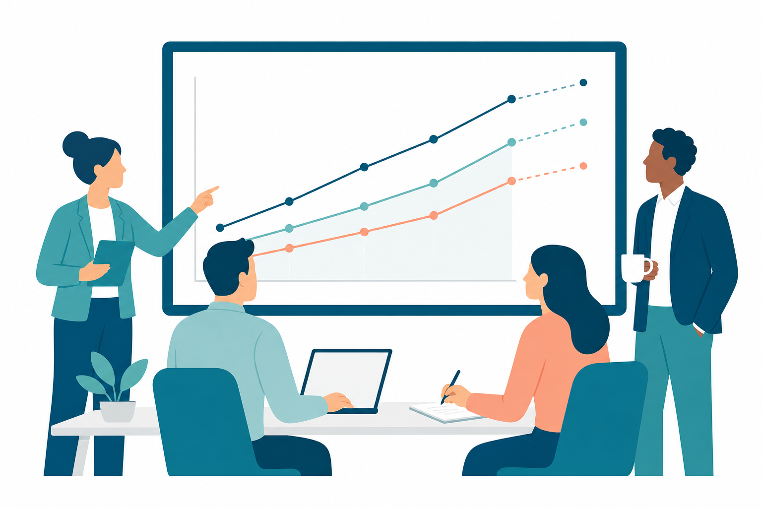 Team reviewing revenue forecast charts and scenarios